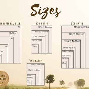 May include: A chart showing different sizes for art prints in inches and centimeters. The chart is divided into three sections: International Size, 3x4 Ratio, and 2x3 Ratio. The chart also includes a section for 4x5 Ratio.