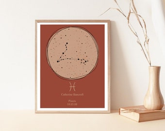 Pisces Constellation Print Personalized | Birthday Zodiac Gift | Astrology Wall Art | Star Sign Print | Boho Wall Decor | Horoscope Wall Art