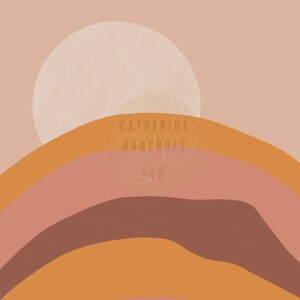 May include: Abstract art print featuring a stylized sun and layered, curved shapes in shades of orange, brown, and pink. The print includes the text "Catherine Bancroft Art".