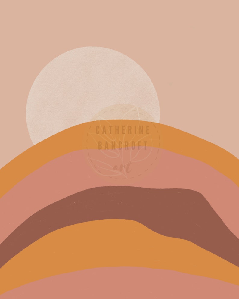 May include: Abstract art print featuring a stylized sun and layered, curved shapes in shades of orange, brown, and pink. The print includes the text "Catherine Bancroft Art".