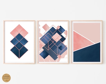 Navy Blue and Blush Pink Geometric Prints | Pink and Blue Abstract Art | Pink Wall Decor | Blue Wall Decor | Bedroom Prints | Office Prints