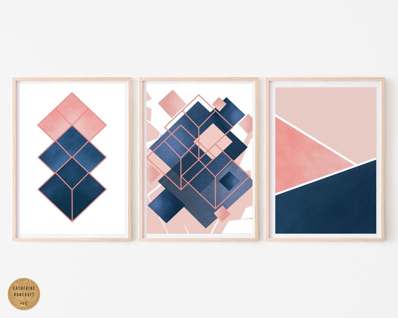 Navy Blue and Blush Pink Geometric Print Pink and Blue Abstract Art