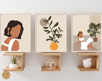 Mid Century Modern Art Print | Abstract Woman Portrait Wall Art | Botanical Leaf Printable Art | Boho Art | Set of 3 Prints | Boho Decor