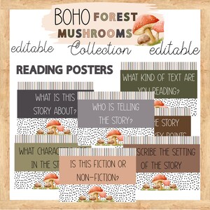May include: Set of 7 printable reading posters featuring illustrations of mushrooms and the text "BOHO FOREST MUSHROOMS Collection" and "READING POSTERS". The posters include questions such as "What is this story about?", "Who is telling the story?", "What kind of text are you reading?", "Is this fiction or non-fiction?", "What characters are in the story?", "Scribe the setting of the story", and "The story key points".