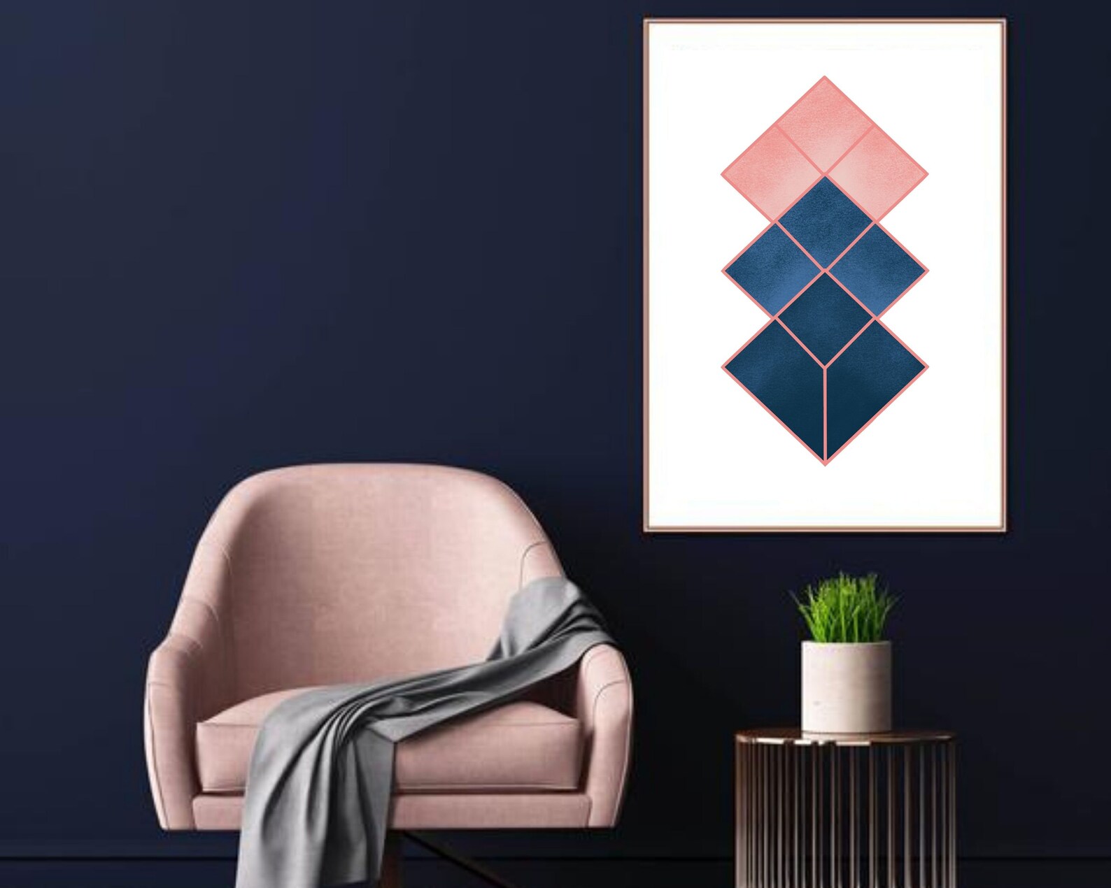 Navy Blue and Blush Pink Geometric Print Pink and Blue Abstract Art