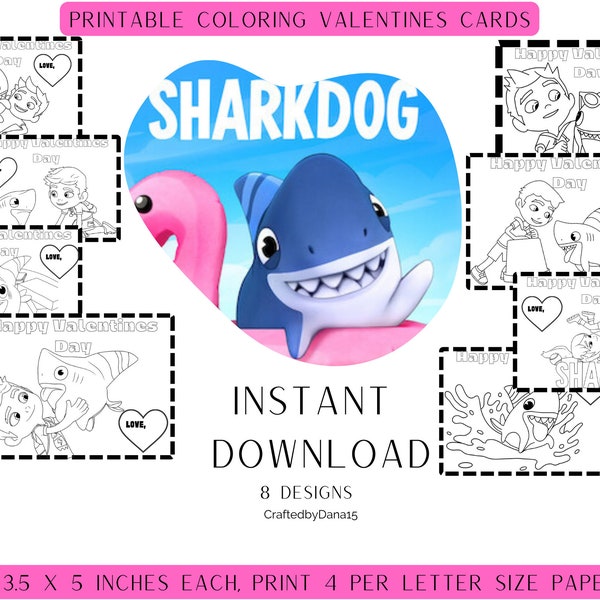 Printable Coloring Shark Dog Inspired Valentine Cards, Kids Valentine Cards, School Valentine Cards, Class Valentine's Day Cards