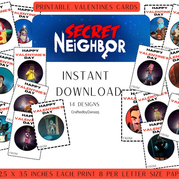 Printable Hello Neighbor Inspired Valentine Cards, Secret Neighbor Kids Valentine Cards, School Valentine Cards, Class Valentine's Day Cards