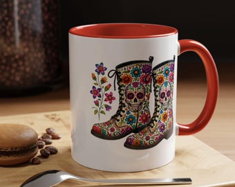 guitars - boots Mug, 11oz Size, day of the dead, dia de los muertos, mexican halloween, mexican art, sugar skull, colorfull skull, halloween