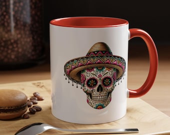 skull2 Accent Mug, 11oz Size, day of the dead, dia de los muertos, mexican halloween, mexican art, sugar skull, colorfull skull, mexican dec