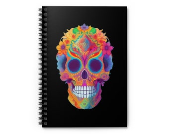 May include: A colorful, detailed sugar skull with floral accents on a black background. The skull is decorated with bright colors, including pink, orange, yellow, blue, and green.
