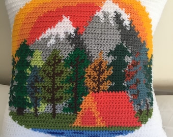 Camping Cushion Cover Crochet Pattern, Crochet Pillow, Mountain Scene Cushion, Crochet Pattern, Outdoors Cushion Cover