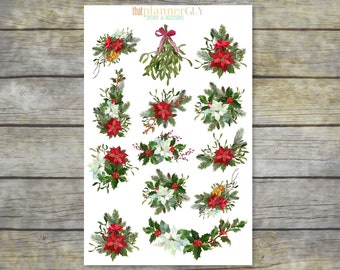 Christmas Floral Bouquet Planner Stickers | Red and White Poinsettia Floral Stickers | Mistletoe Sticker