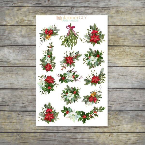 Christmas Floral Bouquet Planner Stickers | Red and White Poinsettia Floral Stickers | Mistletoe Sticker