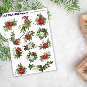 Adesivos para planejador de buquê floral de Natal | Vinil fosco, detalhes em poinsétia vermelha