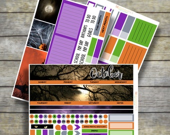 May include: Halloween themed printable planner stickers with a spooky forest scene, purple, green, and orange colors, and the text "October". The stickers include days of the week, notes, and a calendar with dates 1-31.  The stickers also include the text "World Mental Health Day", "Diwali", and "Halloween".