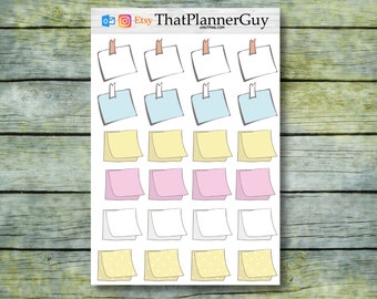 May include: A sheet of planner stickers featuring various colored and patterned sticky notes. The notes are in different shapes and sizes, including rectangular, square, and rounded. The sheet includes a variety of colors, including yellow, blue, pink, and white.