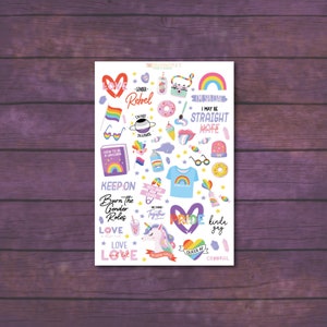 Rainbow Pride Stickers – LGBTQ+ Sticker Sheet | Queer, Gay, Trans, Bi, Nonbinary Planner Stickers | Pride Aesthetic Decor Pack