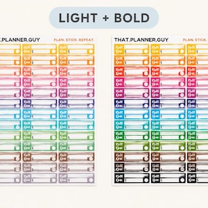 Op de afbeelding: Twee vellen met rechthoekige plannerstickers in een regenboogverloop. Elke sticker bevat de tekst 'Bill Due' en een dollarteken. Bovenaan elk vel staat de tekst 'THAT.PLANNER.GUY' en 'PLAN. STICK. REPEAT.'