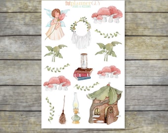 May include: A sheet of stickers featuring a fairy, mushrooms, a dreamcatcher, a house, a lantern, a broom, and other whimsical elements. The stickers are designed for planners and journals.
