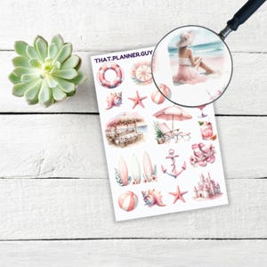 Arkusz naklejek Pink Beach – Naklejki do planera na lato w stylu nadmorskim, Pastelowe muszle, Tropikalne drinki, Deski surfingowe, Zamek z piasku, Bar na plaży –