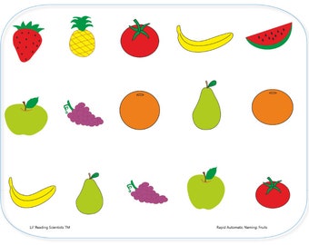 May include: A colorful illustration of various fruits, including a strawberry, pineapple, tomato, banana, watermelon, apple, grapes, orange, pear, and a green apple. The image is titled "Rapid Automatic Naming Fruits".