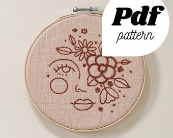 Embroidery Pattern for beginner. Floral Embroidery Pattern. Floral Face. Simple Hand Embroidery PDF tutorial. Coy Bloom Design. How-to PDF.