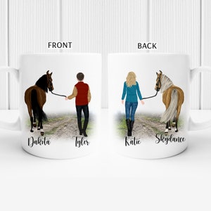 May include: White ceramic mug with a brown and white horse, a man and a woman walking with their horses. The mug has the names Dakota, Tyler, Katie, and Skydance printed on it.