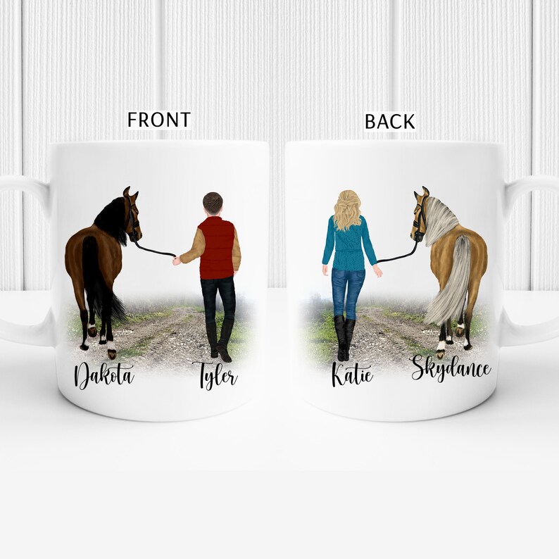 May include: White ceramic mug with a brown and white horse, a man and a woman walking with their horses. The mug has the names Dakota, Tyler, Katie, and Skydance printed on it.