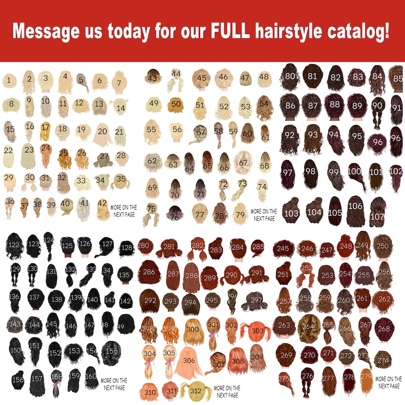 May include: A chart of 312 different hairstyles, numbered and organized in rows. The hairstyles are illustrated as back views of women's heads with various hair colors and styles.