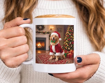 Könnte beinhalten: Ein weißer Keramikbecher mit einem aufgedruckten Bild eines Golden Retrievers, der ein rot-weißes Weihnachtsmannkostüm und eine Mütze trägt und ein kleines grünes Geschenk im Maul hält, vor einem Kamin und einem Weihnachtsbaum.