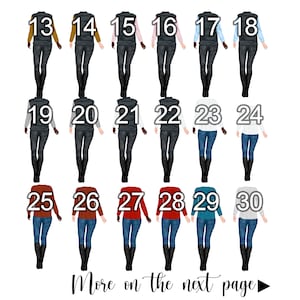 May include: A set of 30 different illustrated images of people wearing various outfits. The images are numbered 13 through 30. The text "More on the next page" is at the bottom of the image.