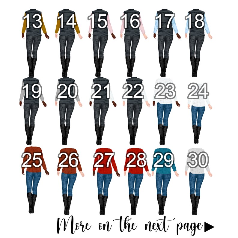 May include: A set of 30 different illustrated images of people wearing various outfits. The images are numbered 13 through 30. The text "More on the next page" is at the bottom of the image.