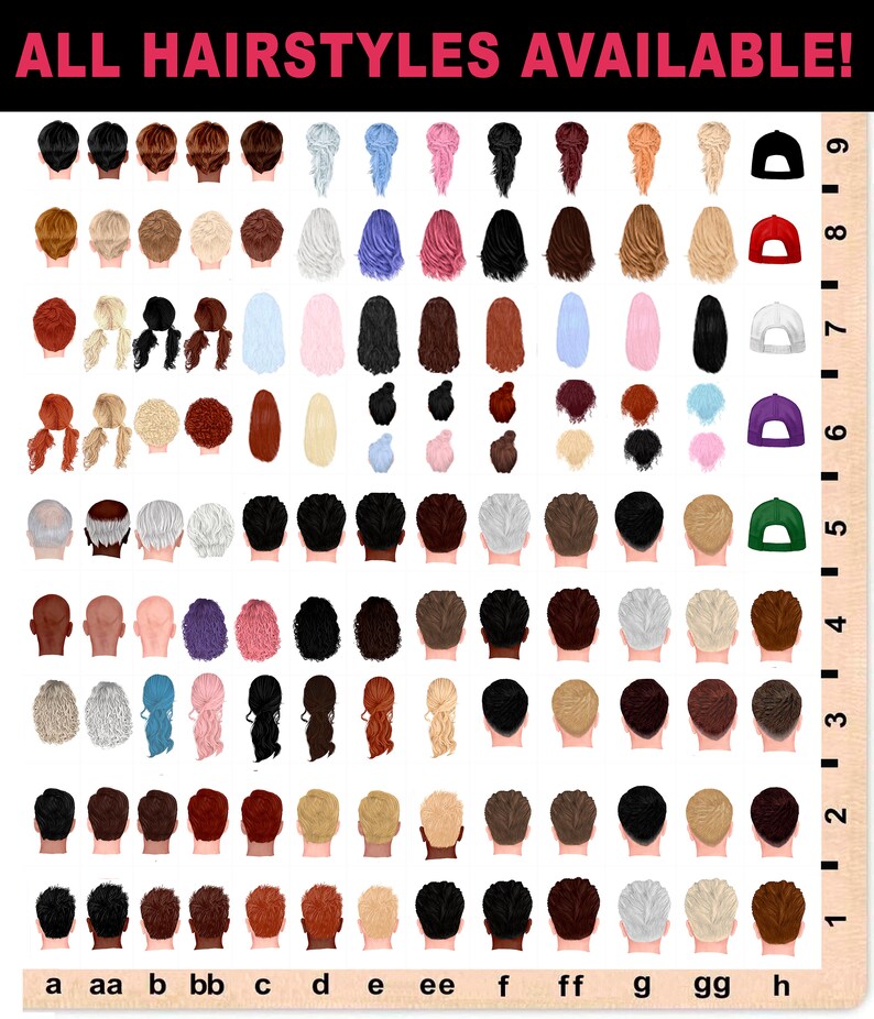May include: A chart showing 40 different hairstyles for a customizable avatar. The hairstyles include long, short, curly, straight, and braided styles. The chart is labeled with letters from a to h.