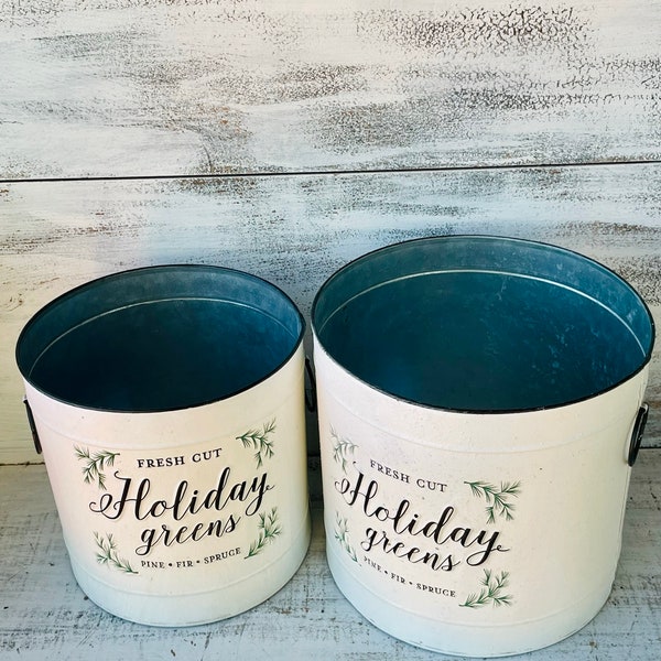 Holiday Greens Distressed Metal Pails Set of 2