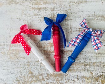 Patriotic Red White and Blue Spindles With Bow Americana Rustic Farmhouse Decor