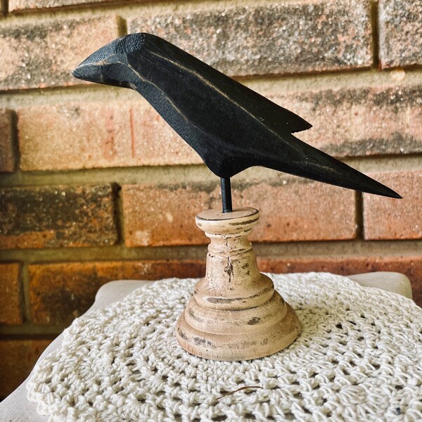 Small Primitive Wooden Crow Pedestal Country Farmhouse Decor