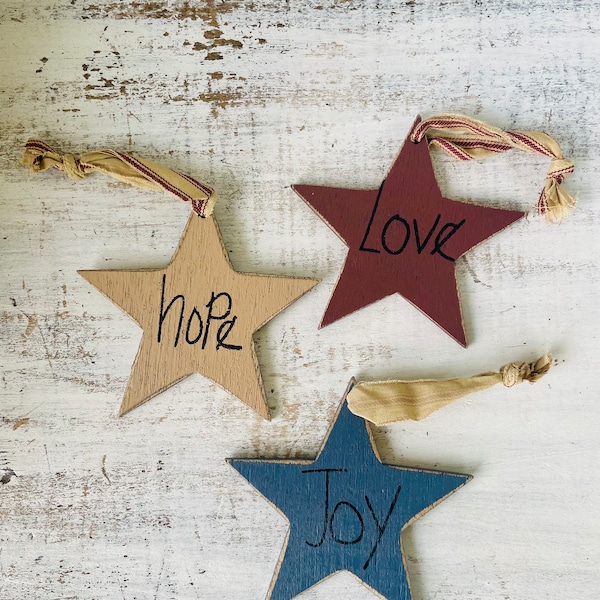 Joy, Love, Hope Primitive Star Ornaments With Fabric Hanger Set of 3 Patriotic Americana