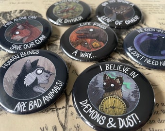 Discontinued Book Themed Badges (50mm diameter) Farthing Wood, Jurassic, Cat Warriors and more!