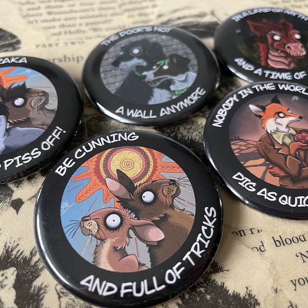 Animal Character Badges - 50mm - Watership Rabbits, Plague Dogs, Fantastic Fox, Merlin