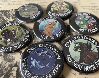 Discontinued Animal Rights Badges (50mm diameter) Greyhound, Horses, Shark, Orca, Crocodile, Pets