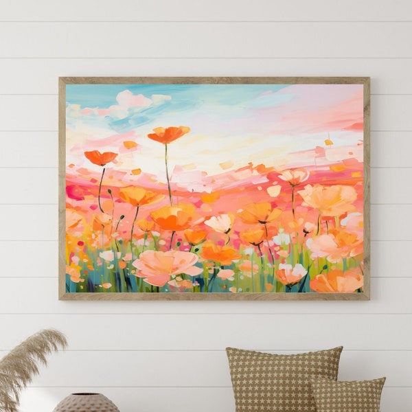 Orange and Pink Wildflower Prints, Printable Wall Art, Abstract Field Downloadable Art, Contemporary Wall Art, Pink Green & Orange,