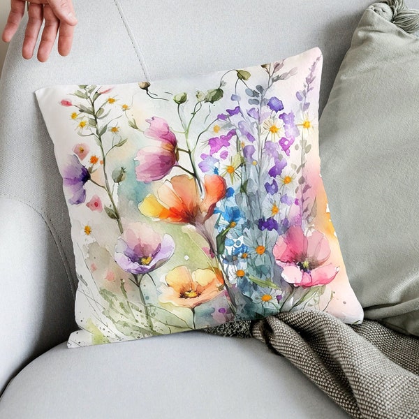 Boho chic Floral Pillow Cover,  Wildflowers  Watercolor, Home Decor, Available in Four Sizes, Decorative Square Pillow Case, Delicate Blooms