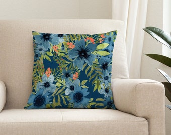 Blue Pillow Cover, Throw Pillow, Blue Flowers and Green Leaves, Decorative Square Pillow Case, Watercolor, 14x14, 16x16, 18x18, 20x20