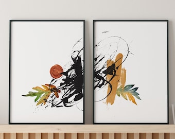 Abstract Art Print Set, Printable Abstract, Set of 2 Prints, Black, Burnt Orange and Green, instant download, Minimal Printable Wall Art