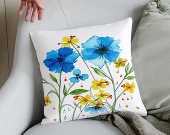 Blue and Yellow Floral Pillow Cover, Throw Pillow, Watercolor Flower Accent Pillow, Home Decor,  Decorative Square Pillow Case, Four Sizes