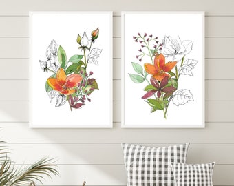 Floral Watercolor Print Set Of 2, Wildflower Wall Art, Digital Download, Orange Flower and Green Leaves, Watercolor Botanical Wall Art,