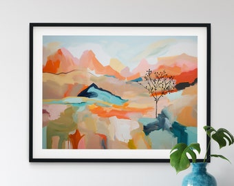 Abstract Landscape Printable Art, Large Digital Wall Art, 36x24in, A1-59.4 x 84.1cm, Colorful Modern Art, Orange Teal Peach and Blush Pink