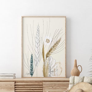 Minimalist Art Print, Digital Download Art, Boho Neutral Wall Art, Watercolor blue and beige Wheat Farmhouse Home Decor, Bedroom Wall Art,