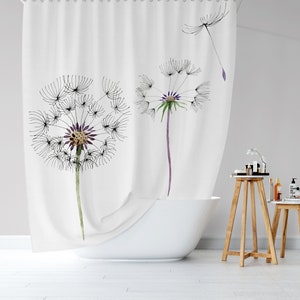 Shower Curtain, Dandelion Floral  Farmhouse Shower Curtain, Floral bath curtain, Watercolor dandelion panel,