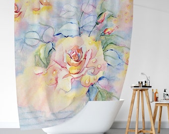 Floral Shower Curtains, 71x74 in, Watercolor Colorful Rose Pastel Colors, Botanical Shower Curtain, Shower Curtain for Nature Lover,